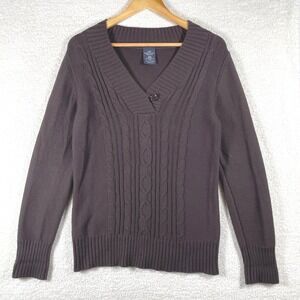 Y2K cable knit sweater button v-neck womens L tennis preppy btc chocolate brown